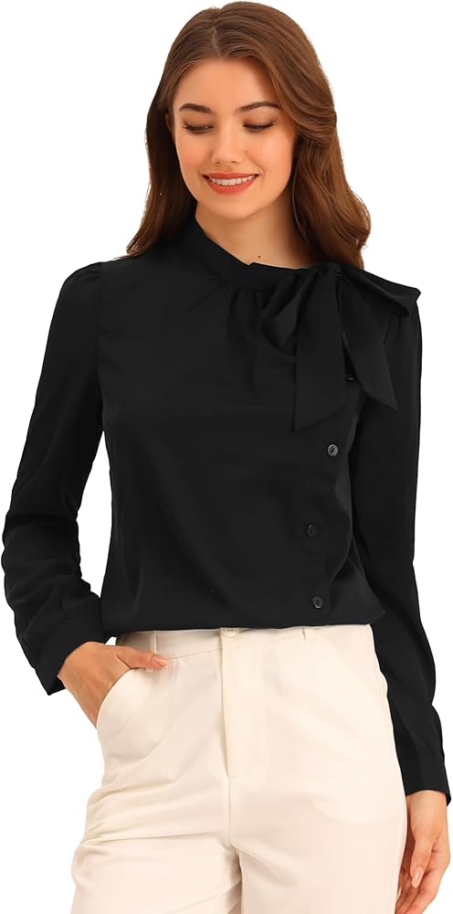 Allegra K Bow Tie Neck Blouse for Women's Work Office Side Buttons