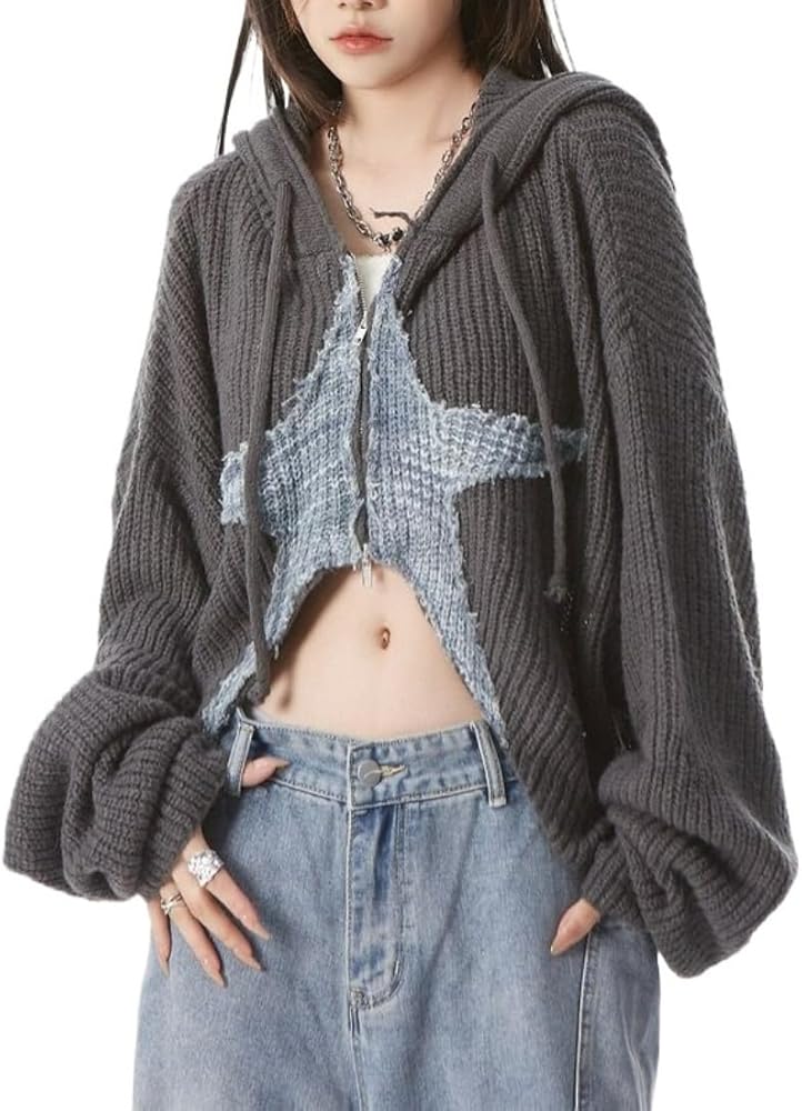 CEINOM Y2k Grunge Women's Sweater Zip Up Cardigan Crop Knitwear