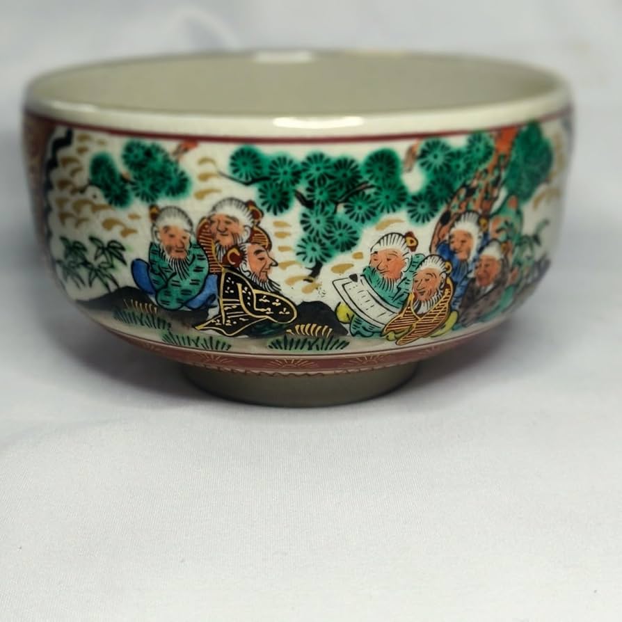 Amazon.co.jp: 茶道具 抹茶茶碗 九谷焼 庄三 手描き 金縁 金彩人物花鳥