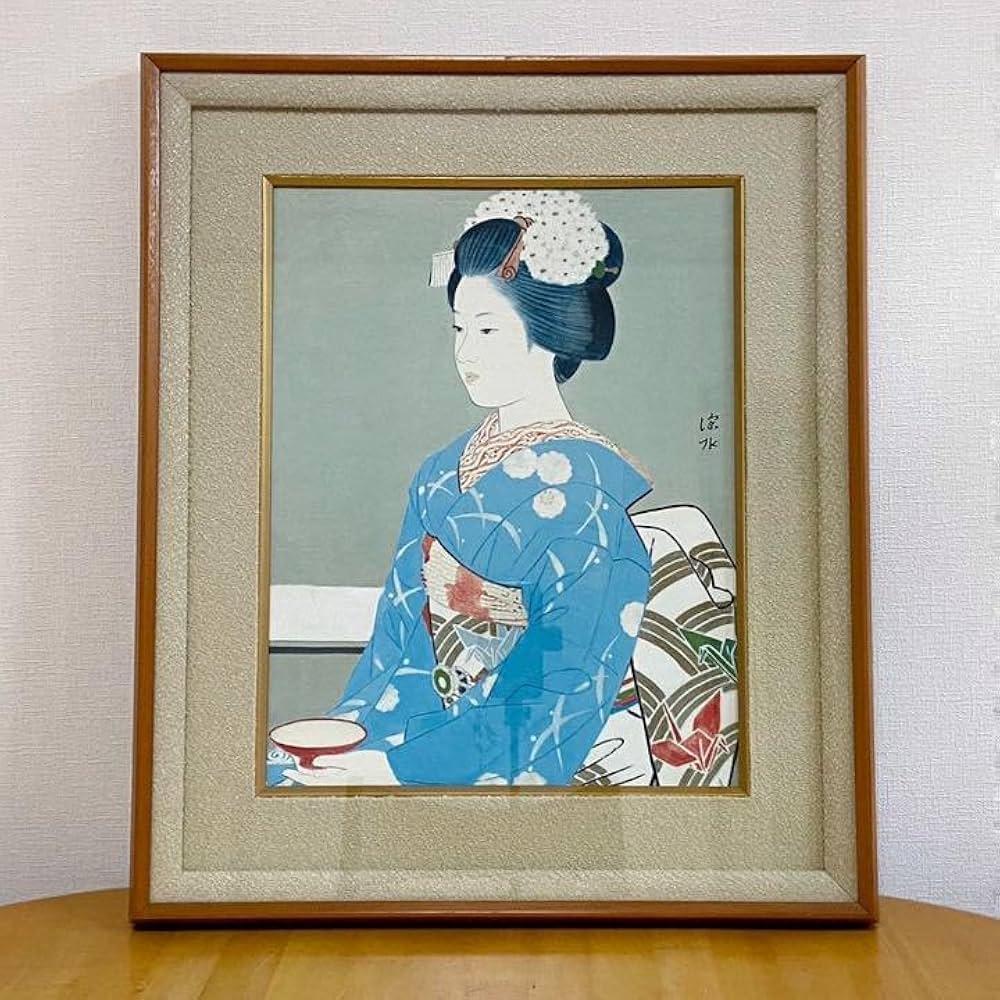 Amazon.co.jp: 日本画 伊東深水 舞妓額縁付き アンティーク 絵画 美人