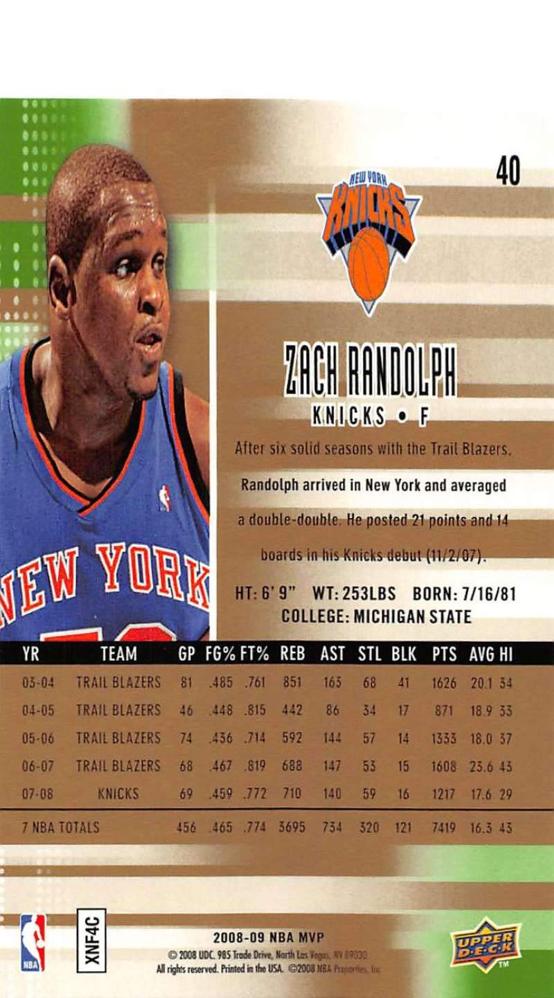 Amazon.com: 2008-09 Upper Deck MVP Victory Basketball #40 Zach