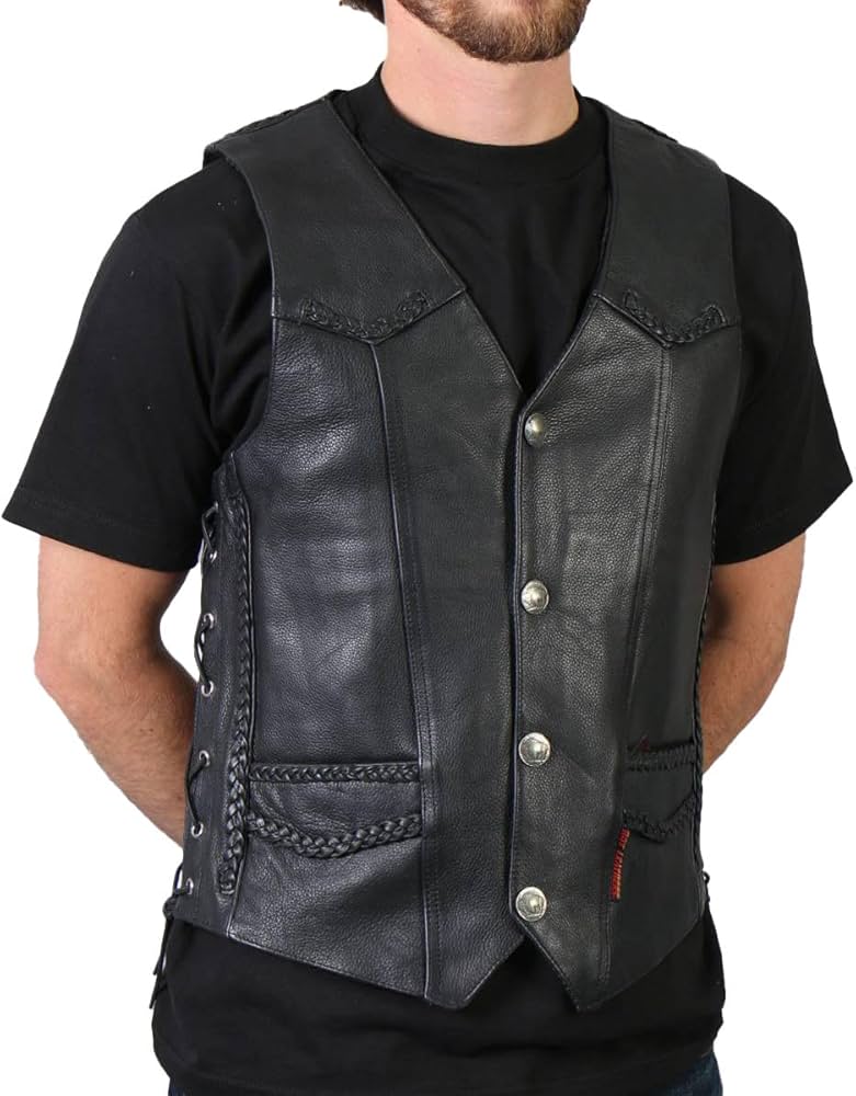 Hot Leathers Heavy Weight Leather Vest with Braided Detail (Black