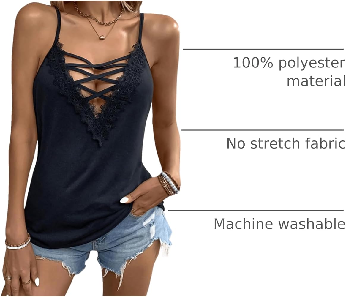 SOLY HUX Women's Contrast Lace Cami Tops Criss Cross Front V Neck