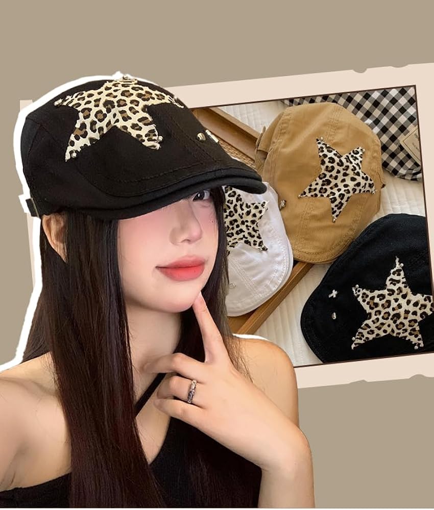 Y2k Cheetah Hat 90s Newsboy Hats for Women Y2k Accessories Star