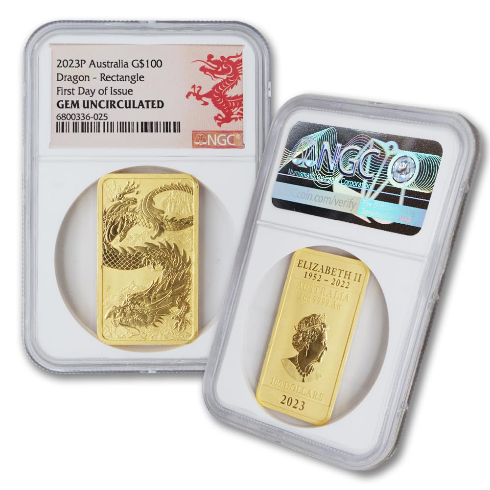 2023 P 1 oz Australian Gold Dragon Bar Rectangular Coin Gem