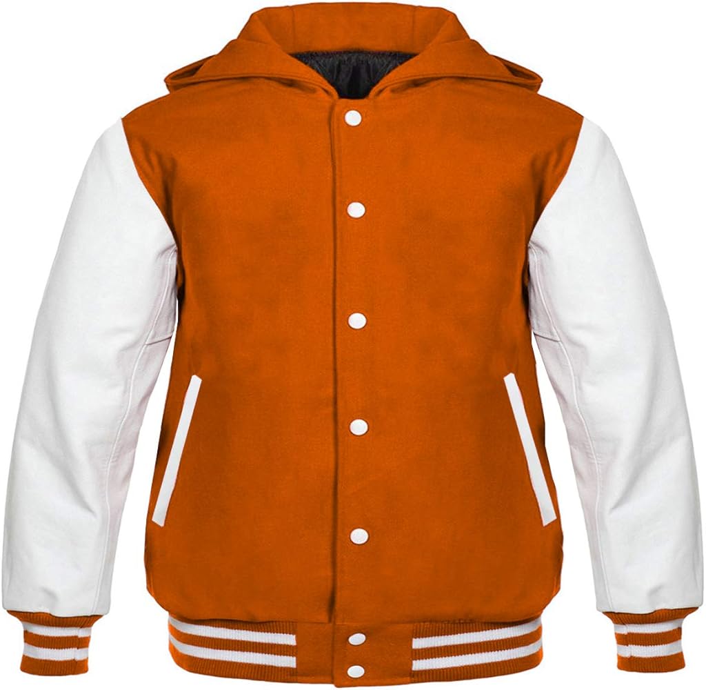 Varsity Orange White Letterman Jacket in Wool Hoodie and Genuine
