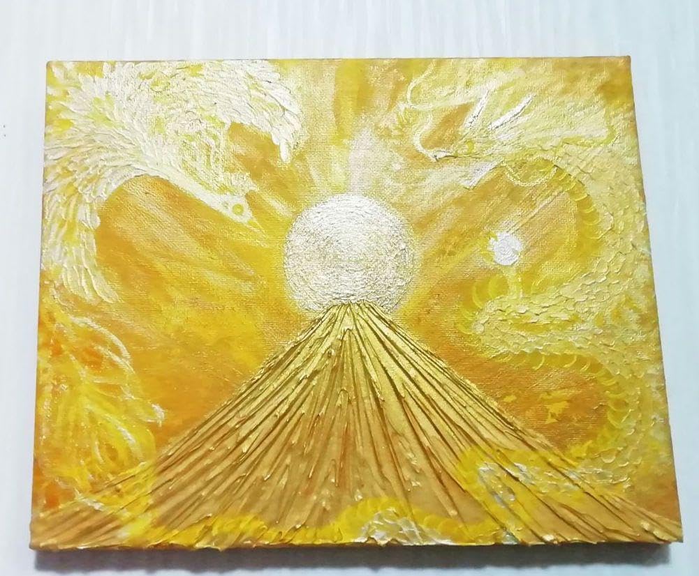 Amazon.co.jp: 風水開運黄金絵画金箔陽光 黄金昇龍と鳳凰日の出金富士