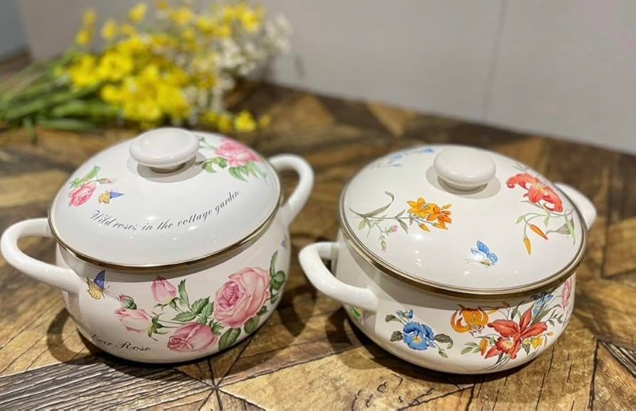 Amazon.co.jp: ホーロー鍋 富士薔薇 ローズ 両手鍋 セット 花柄レトロ