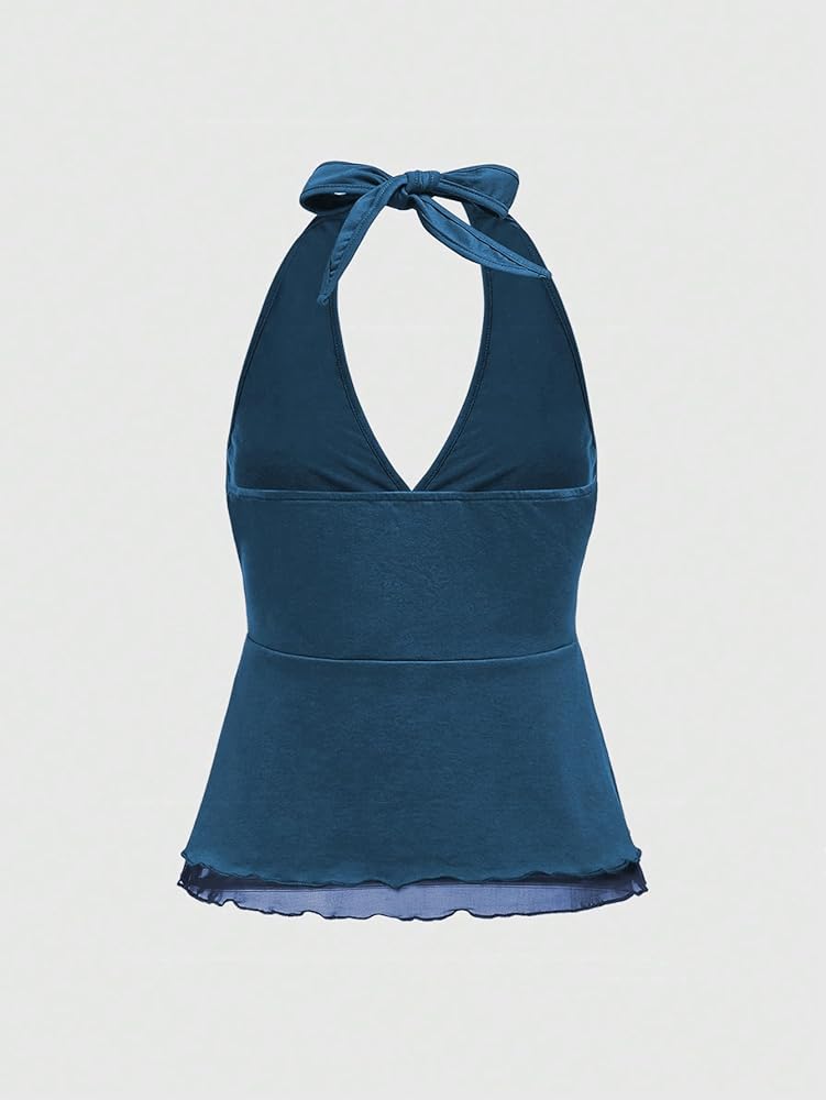 SOLY HUX Women's Y2K Halter Crop Top Floral Deep V Neck Tie Back