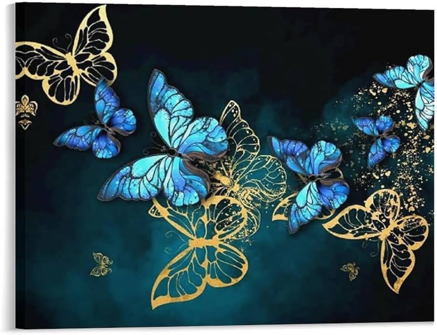Amazon.co.jp: アートパネル ポスター 絵画 美しい蝶 金色 青い蝶 復古