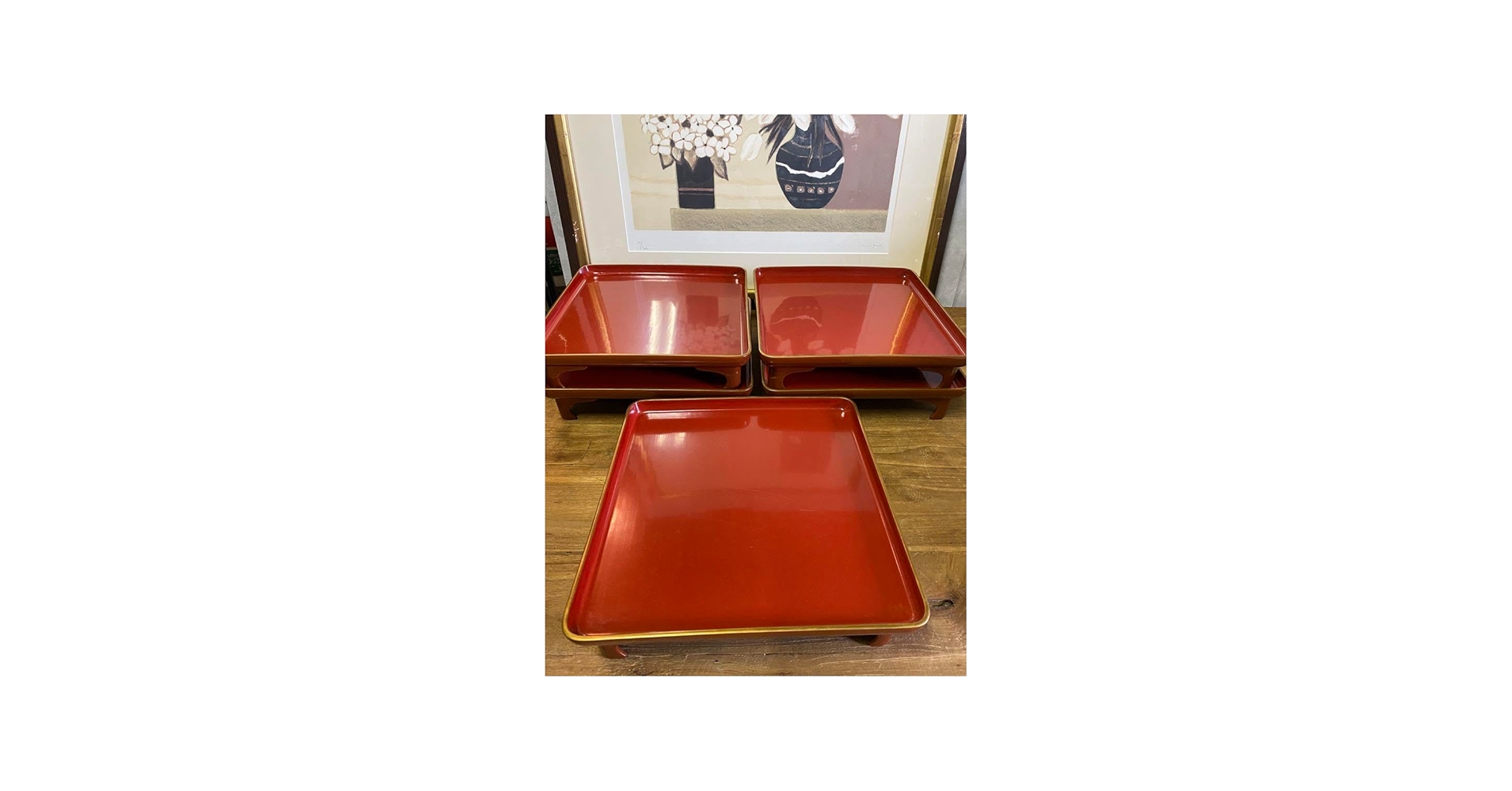 Amazon.co.jp: 輪島塗 脚付盆 御膳 5膳セット 朱色 会席膳 木製 骨董