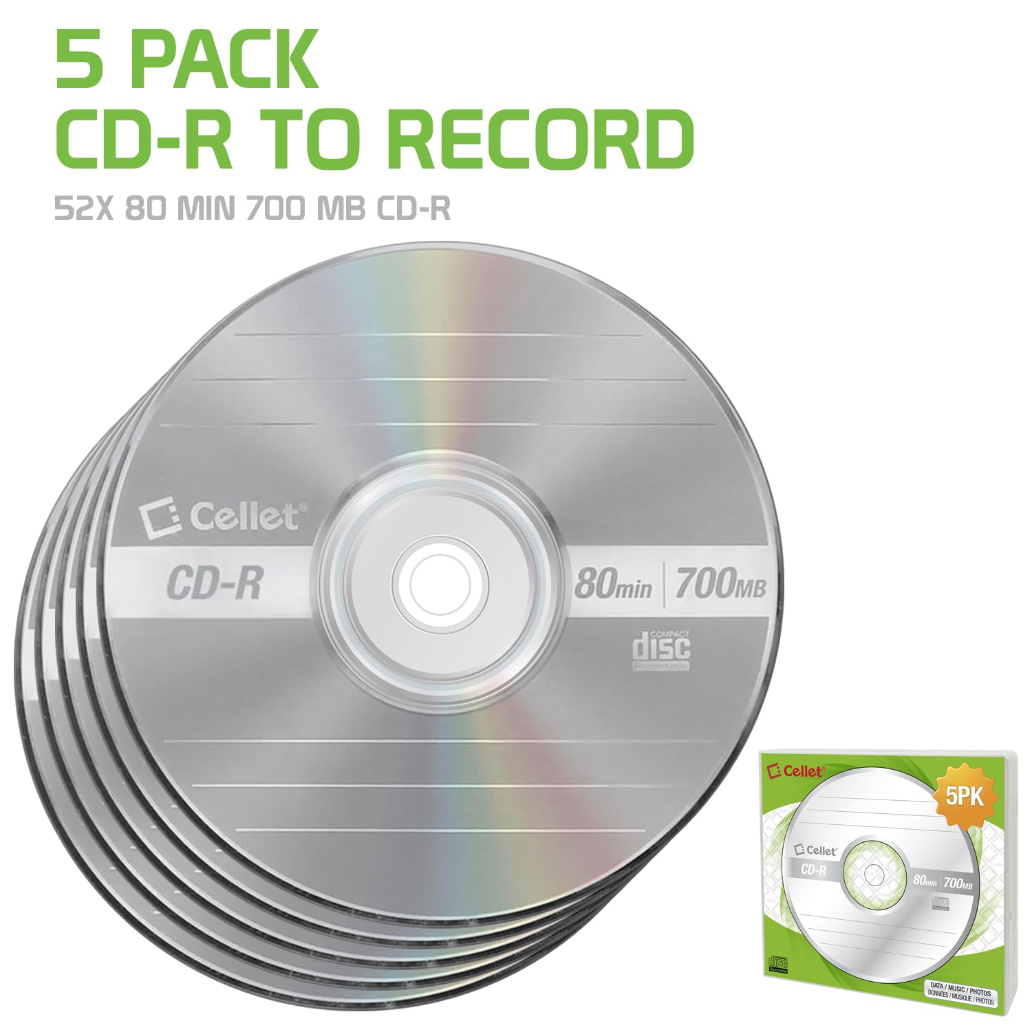 Amazon.com: Cellet CD-R 5-Pack – 700MB 80-Minute Blank Discs, 52X