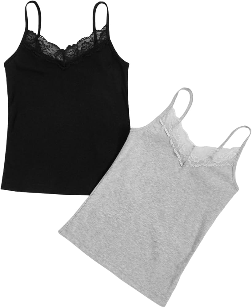 SweatyRocks Women's 2 Pack Lace Trim Tank Tops Y2K Camisole Top V