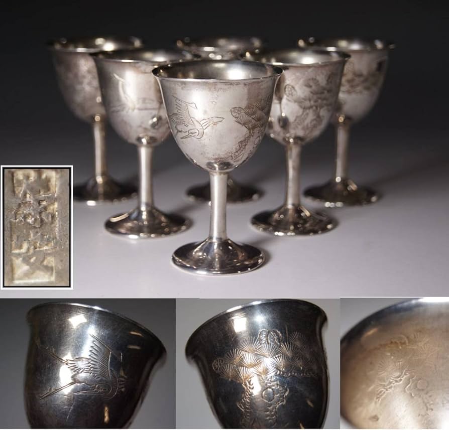 Amazon.co.jp: 中国美術銀製松鶴図酒盃銀盃6客総重量182g銀杯酒器酒杯