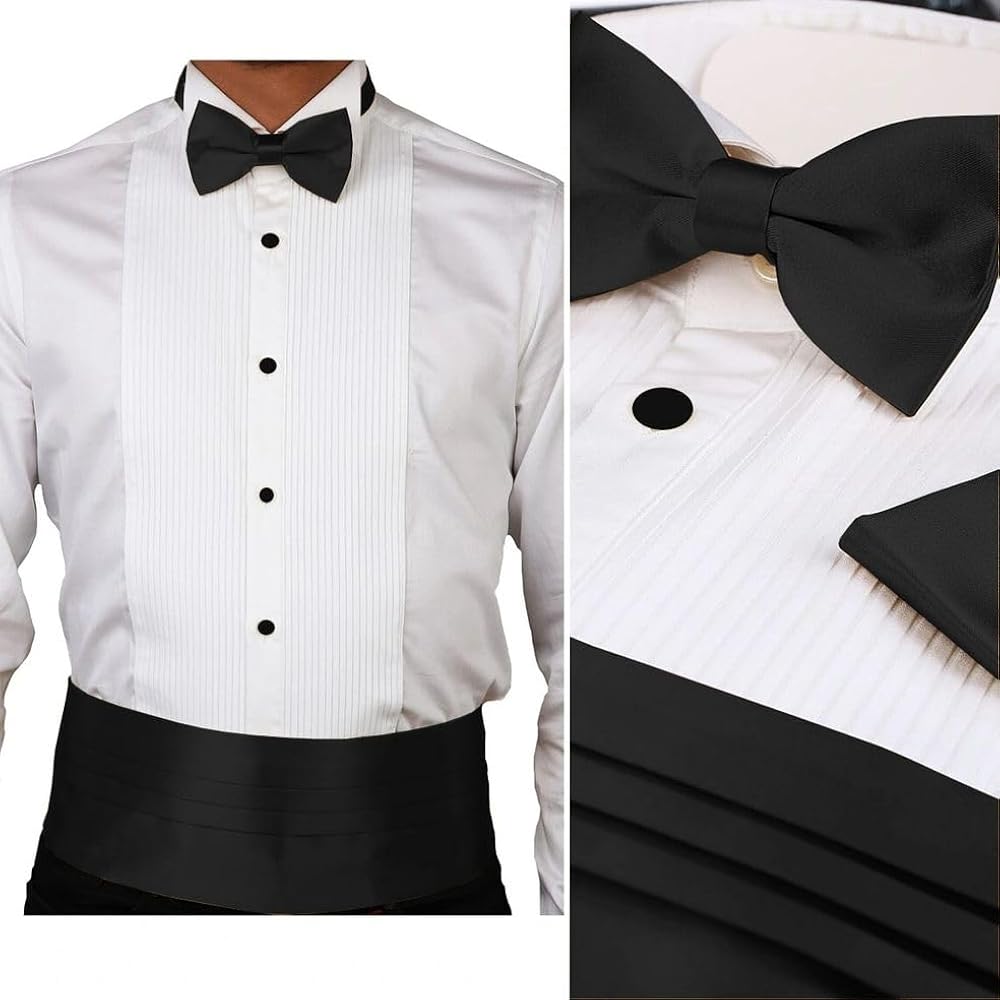 Lay-Down Collar Tuxedo Shirt, Cummerbund, Bow-Tie, Cuff Links and