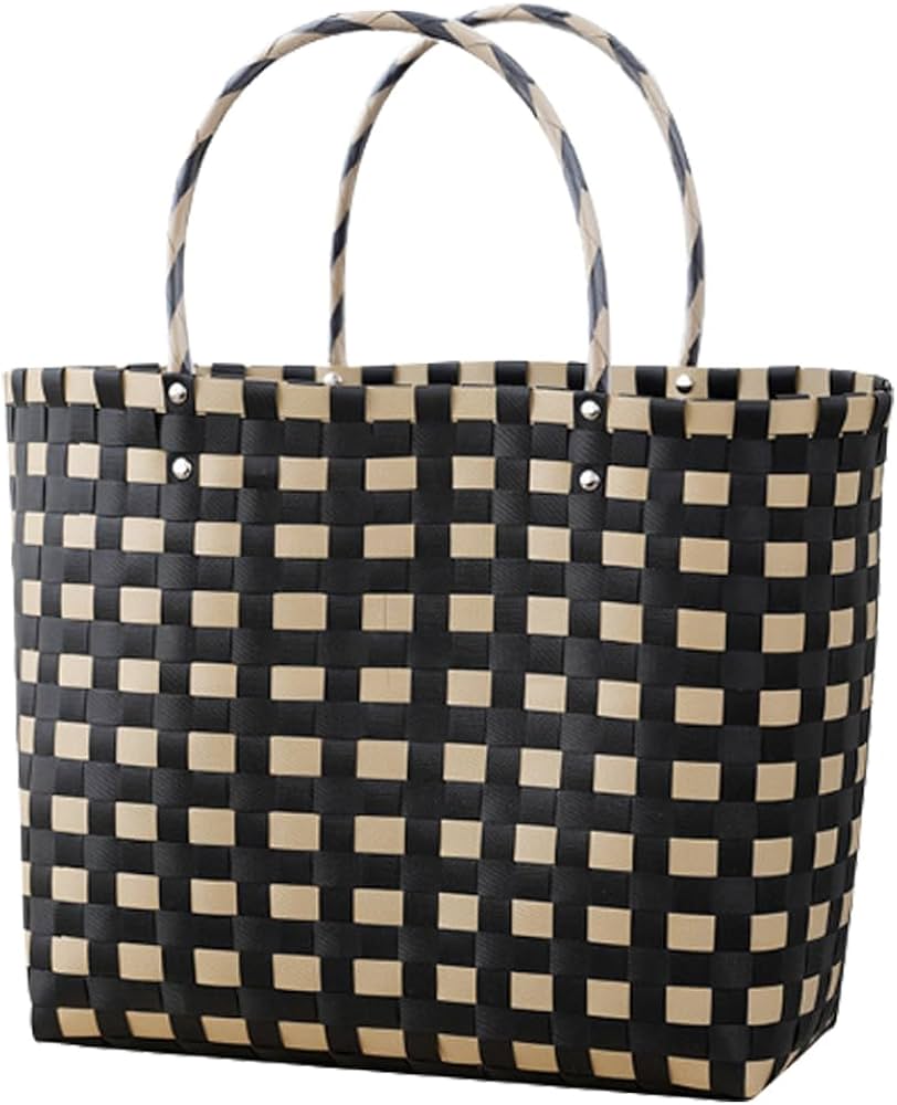 Amazon.co.jp: かごバッグ トート チェック柄 かご ストロー PP バッグ