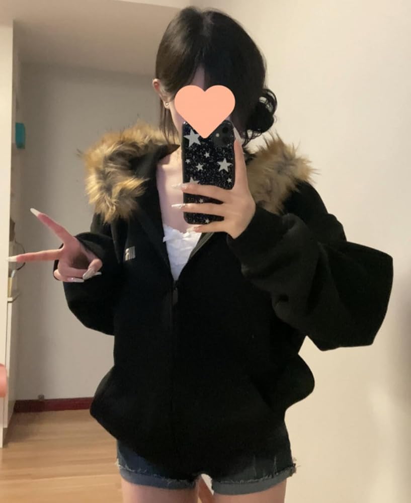 Amazon.com: Hesaco Y2k Zip Up Hoodie Fur Hooded Jacket Graphic