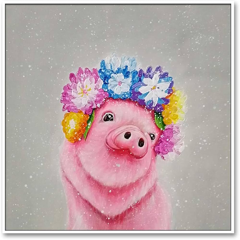 Amazon.co.jp: キャンバスの油絵、かわいいピンクの動物の豚の手描きの
