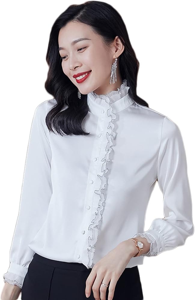 Amazon | シャツ フリル ブラウス 長袖 襟付 ハイネック シャツ