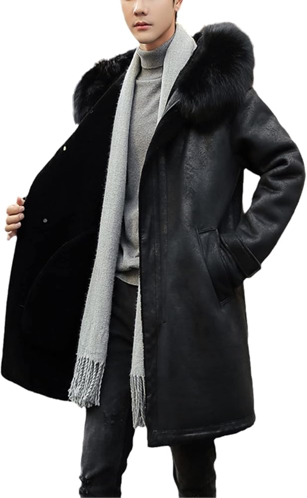 Mens Long Leather Coat, Fur Collar Leather Jacket, Wool Liner