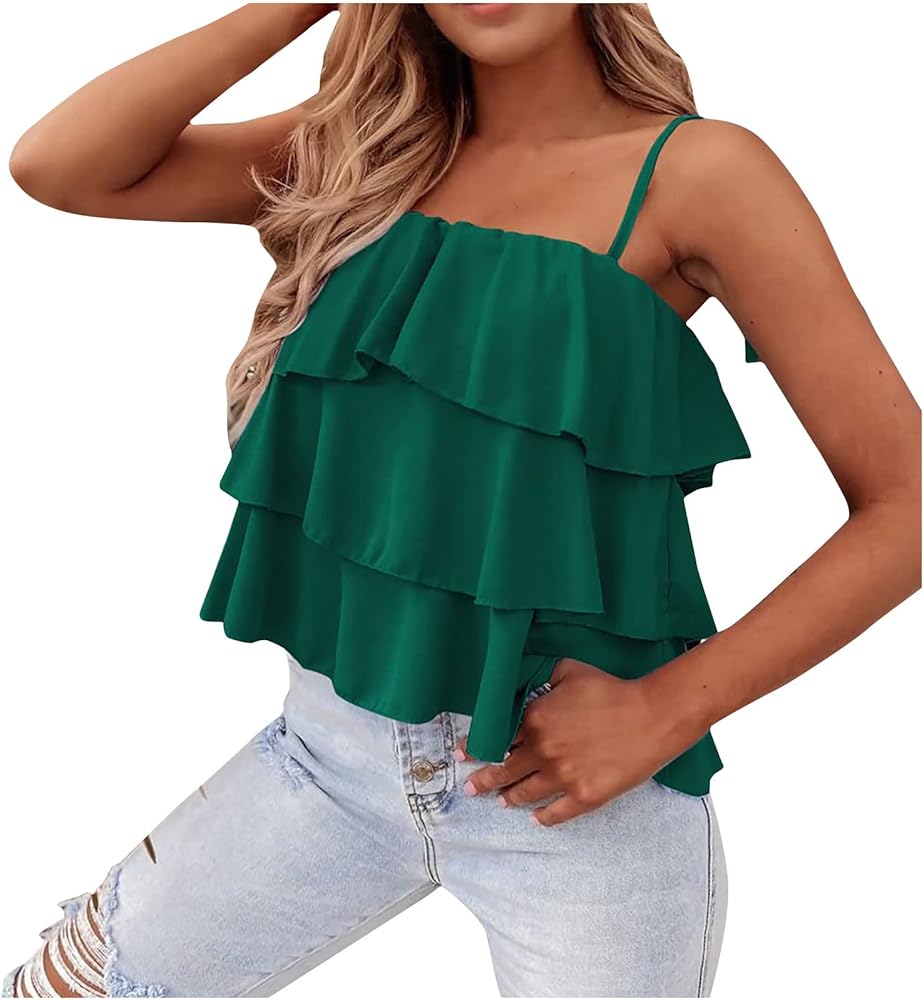 Women Y2k Ruffle Tiered Camisole Tops Spaghetti Strap Babydoll