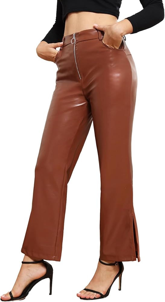 CXXQ Women's Faux Leather Pants High Waist Front Zipper Up
