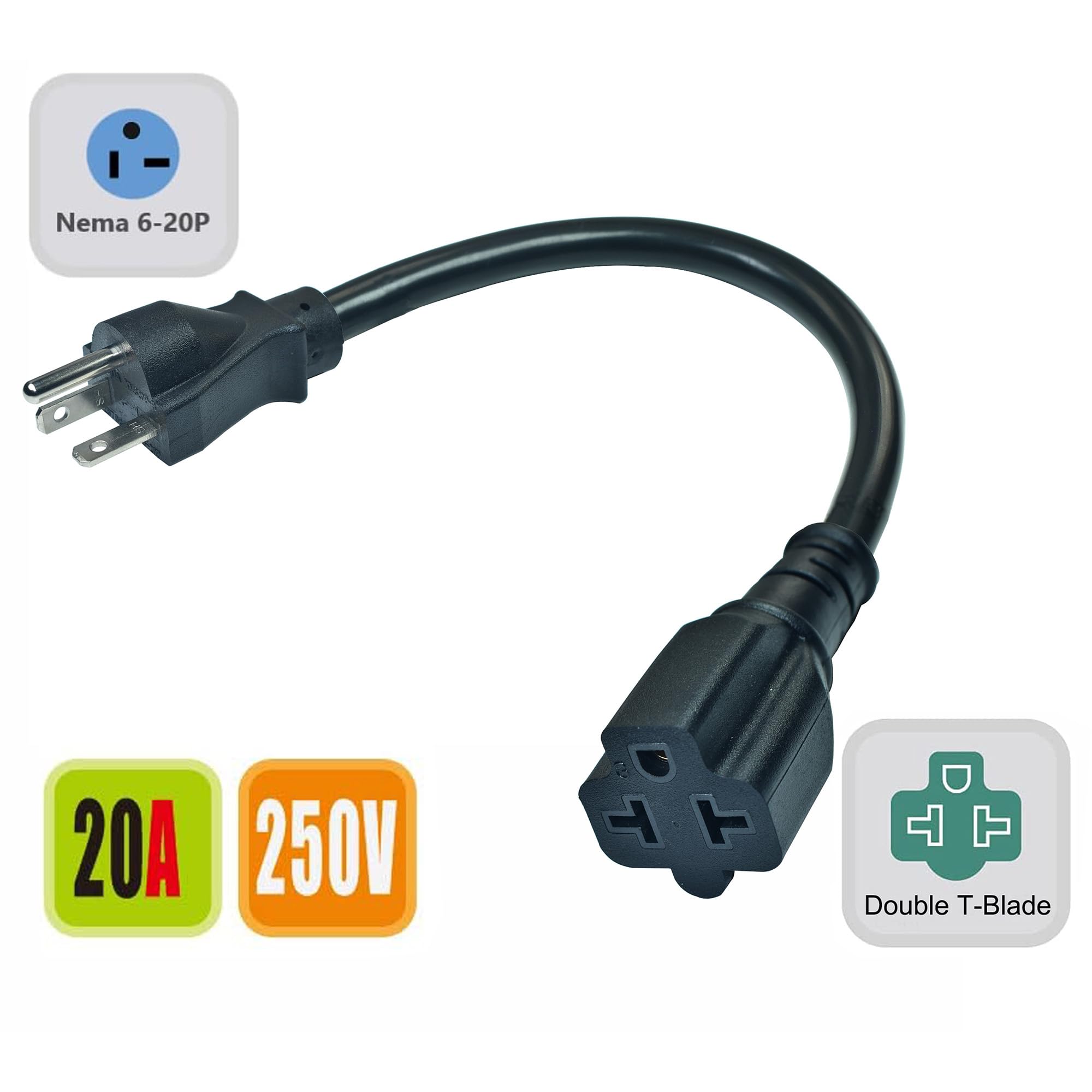 Amazon.com: 1Ft 20A AC Power Plug to 15A T-Blade Adapter Cable