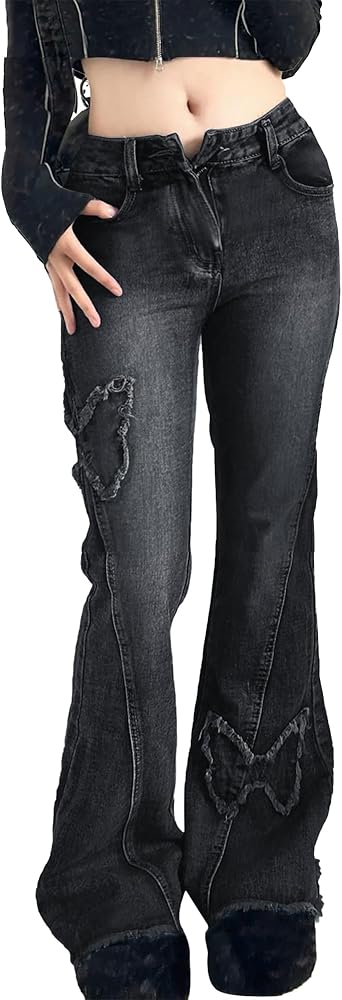 Sunidol Womens Petite Flare Jeans Y2K Butterfly Low Rise Denim