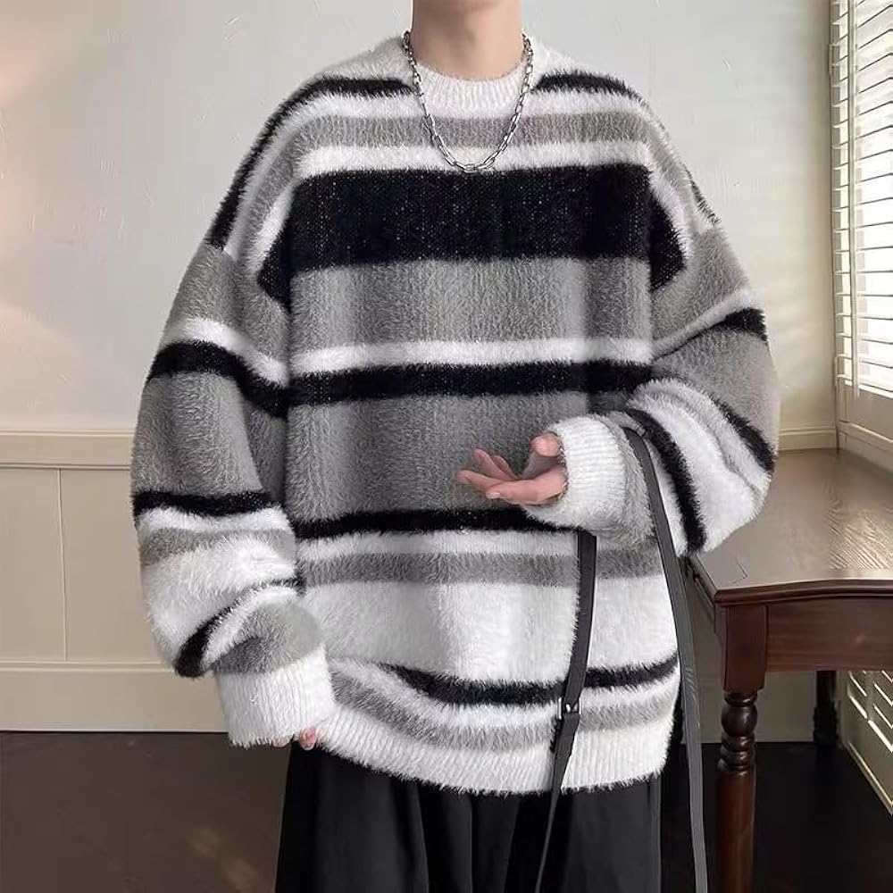 Y2K Grunge Strip Sweater 90s Aesthetic Goth Grandpa Pullover