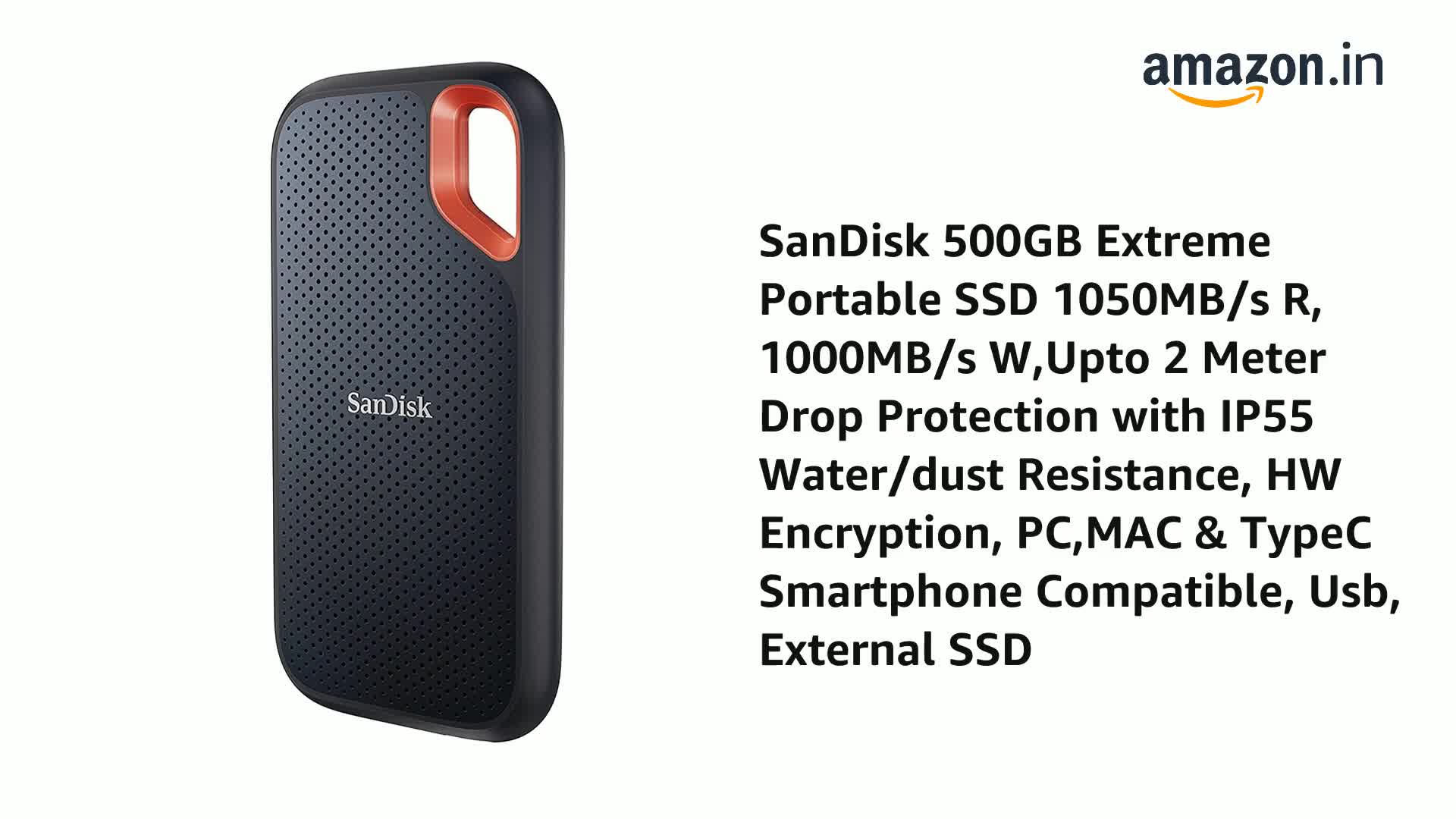 SanDisk 500GB Extreme Portable SSD 1050MB/s R, 1000MB/s W,Upto 2