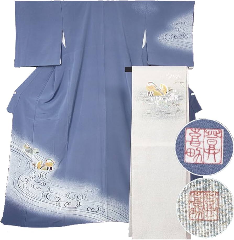 Amazon.co.jp: 人間国宝 羽田登喜男作 鴛鴦訪問着と袋帯のセット 落款