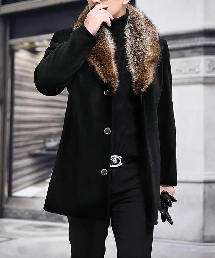 Glkaend Men's Plus Cotton Warm Fur Collar Casual Button Jacket