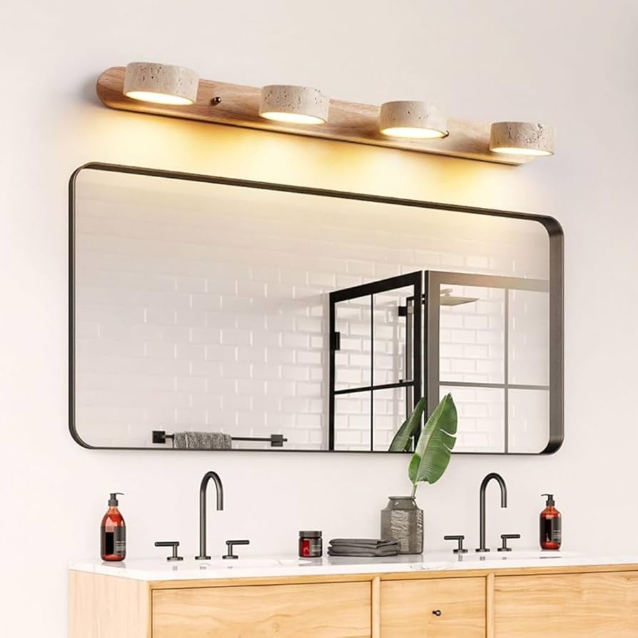 SEEAIRSHOP Farmhouse Wood Bathroom Vanity Light Natural Stone Wall