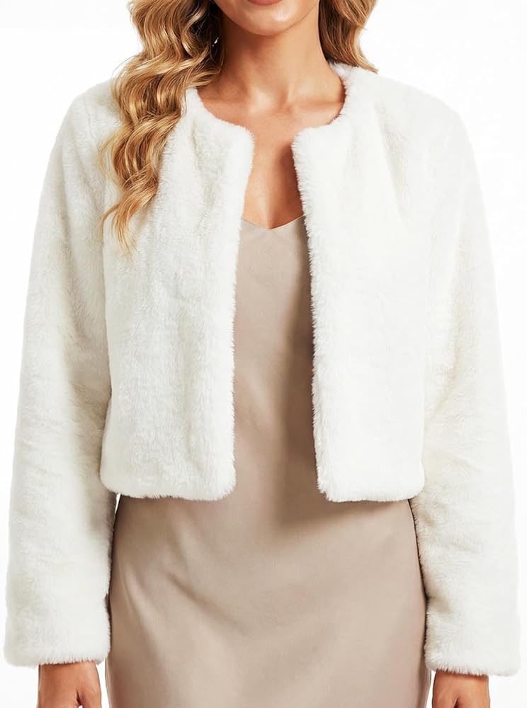 JAKAWIN Faux Fur Coat Cropped Fur Jacket Short Shaggy Coats for