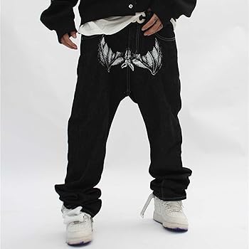 Harajuku Men's Jeans Bone Print Jeans Street Fashion Print Loose