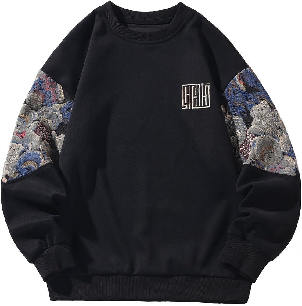 GMOYD Mens Bear Embroidered Sweatshirt Vintage Patchwork