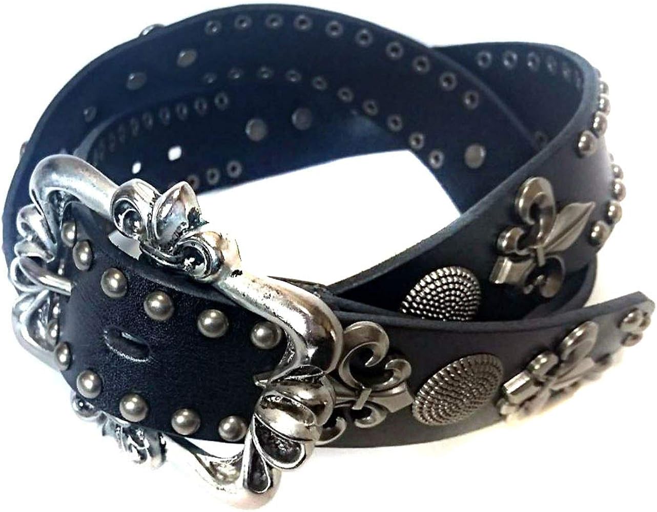 Amazon | [Deep Zone] スタッズベルト メンズ 革 百合紋章スタッズ