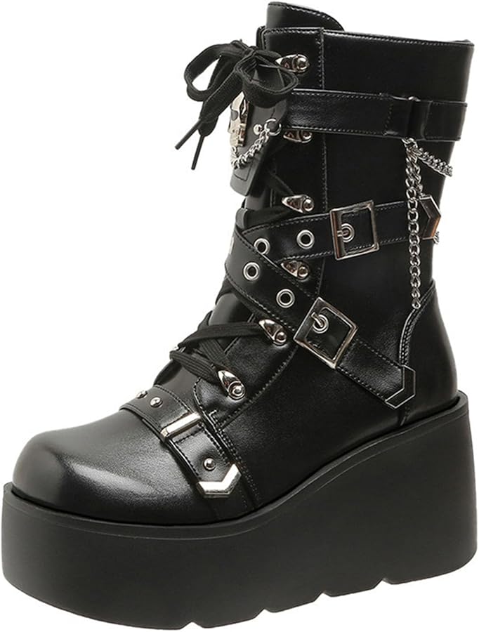 Amazon.com | SHEMEE Cute Wedge Platform Biker Boots for Women Y2k