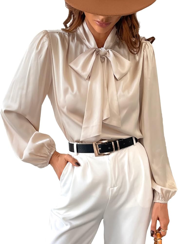 CUPSHE Women's Bow Tie Long Sleeve Satin Shirts High Neck Work Out
