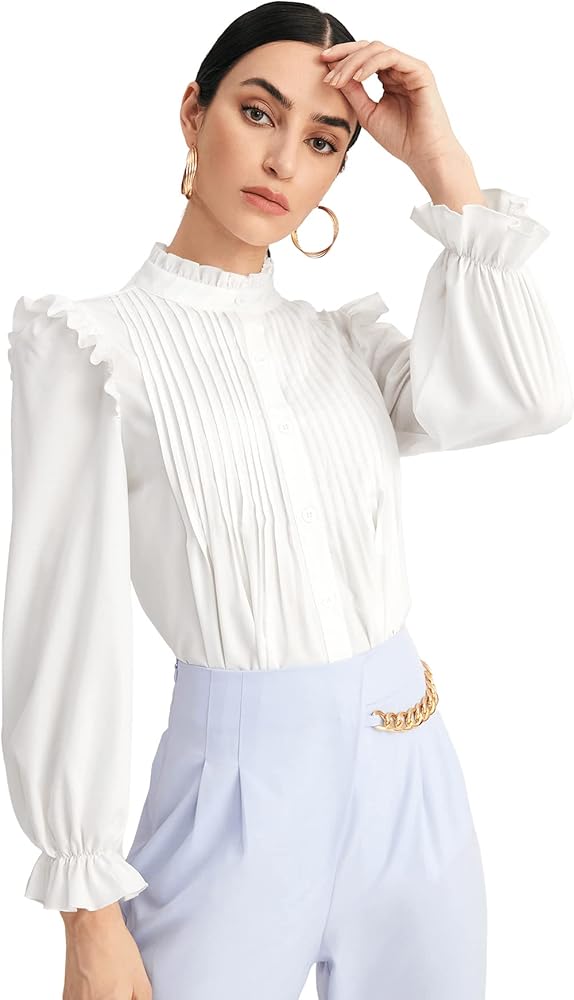 WDIRARA Women's Pleated Ruffle Trim Flounce Long Sleeve Mock Neck