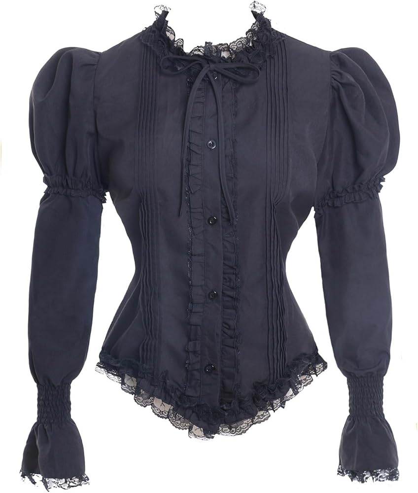 Vibsion Black Victorian Blouse for Women Vintage Lace Ruffle Neck