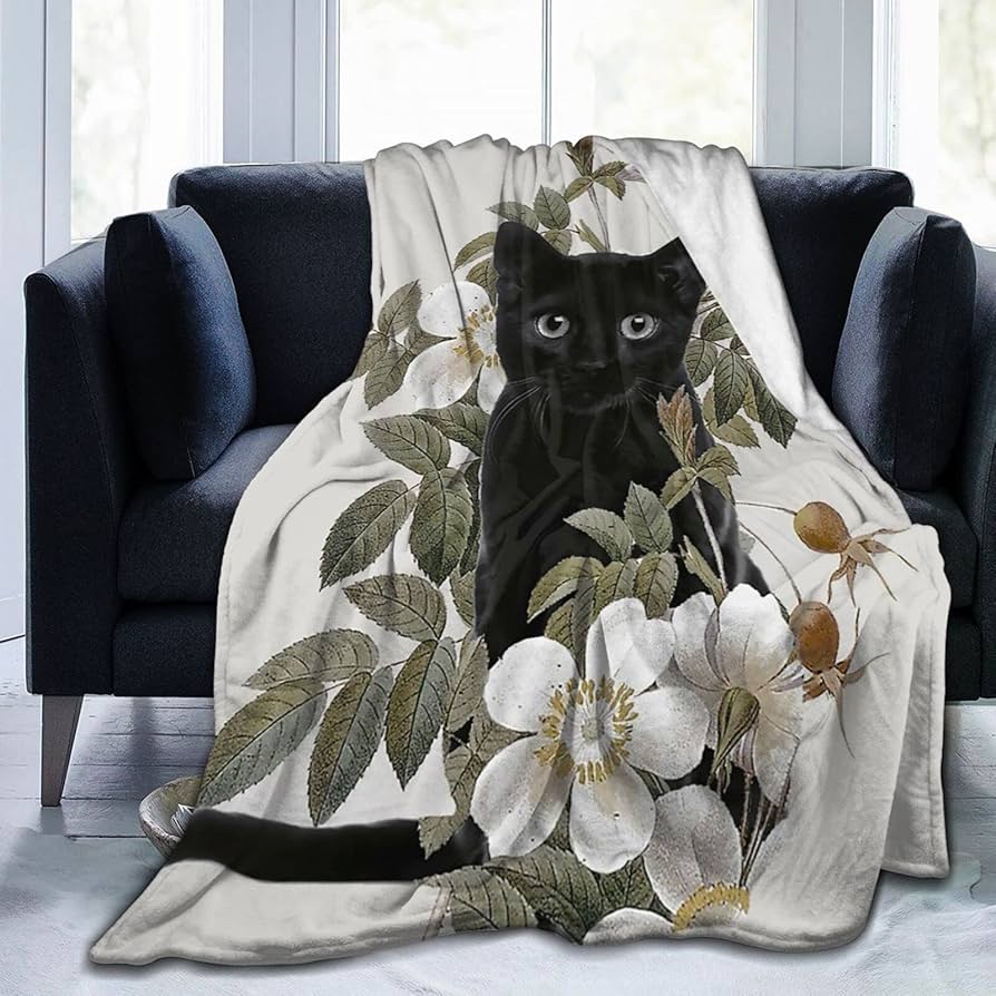 Amazon｜毛布 シングル ブランケット 花 黒猫 ネコ柄 猫柄 ウール