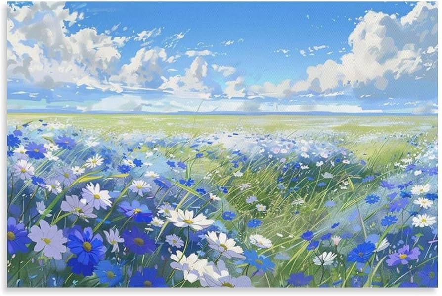 Amazon.co.jp: 絵画 青空の下の青い花畑 アートパネル ポスター 魅力的