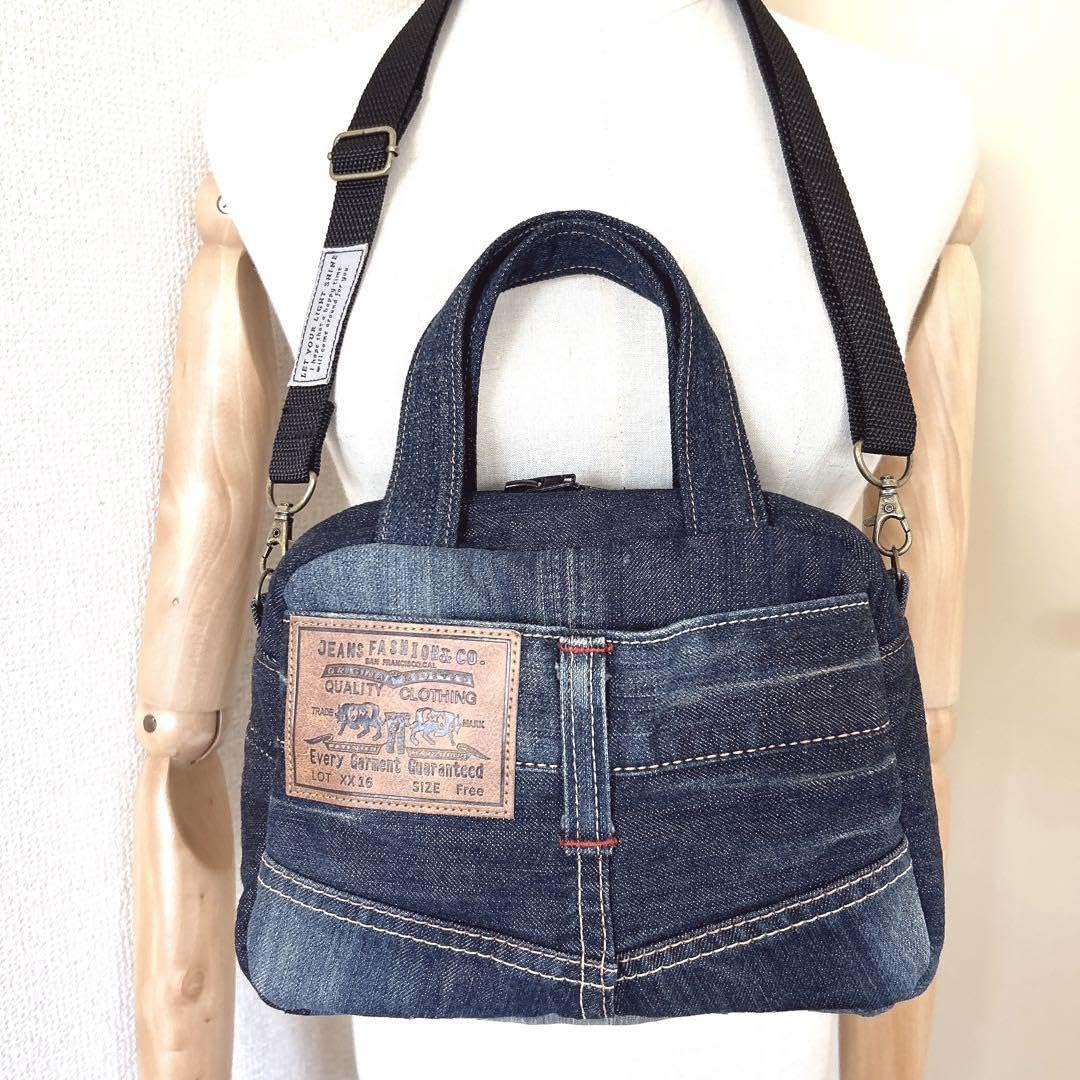 Amazon.co.jp: ショルダーベルト付きデニムリメイクミニボストンバッグ