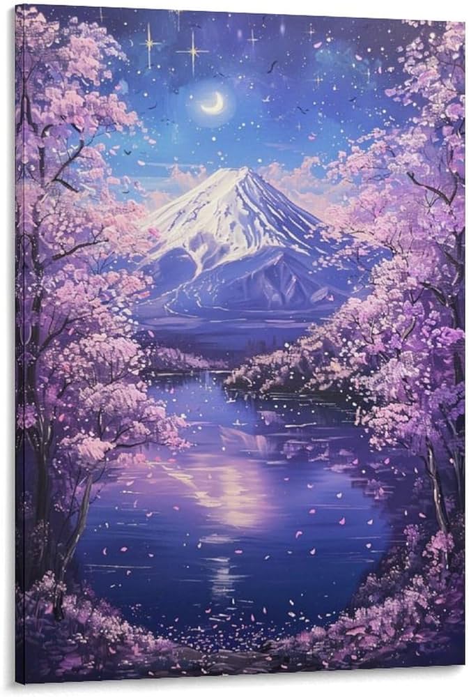 Amazon.co.jp: 絵画 富士山の夜桜が美しい景色インテリア 絵画 美しい