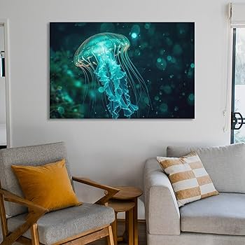 Amazon.co.jp: 絵画 美しい緑色のクラゲ アートパネル ポスター 動物