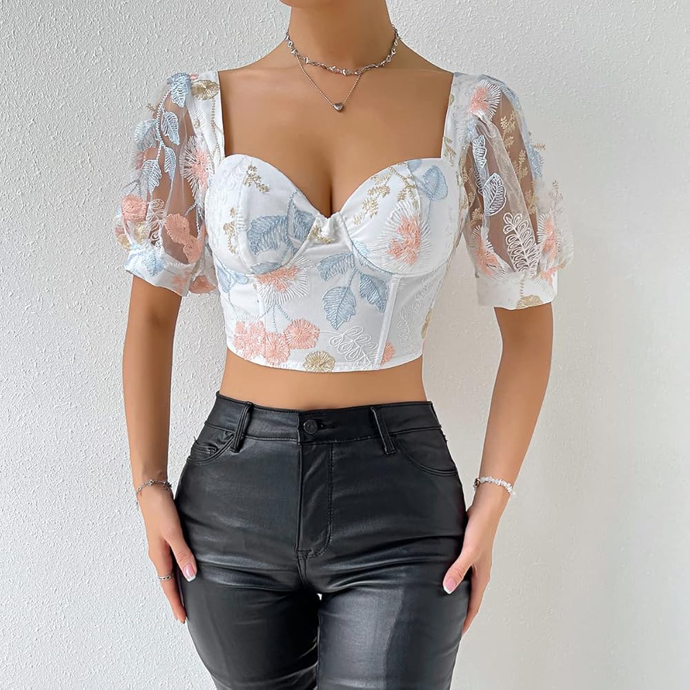 Swbreety Women's Floral Embroidered Puff Sleeve Crop Tops Back
