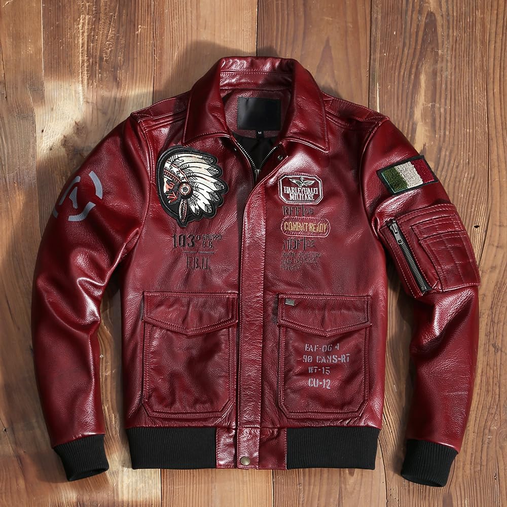 Classic Indian Embroidery Leather Jacket Men Aviation Fight Coat