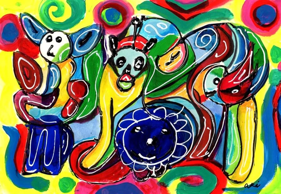 Amazon | 秋永清二 「楽しい動物園」 抽象画 絵画 ミクストメディア 額