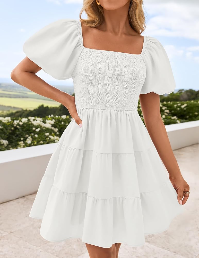 ZESICA Women's Boho 2026 Summer Square Neck Puff Sleeve Off